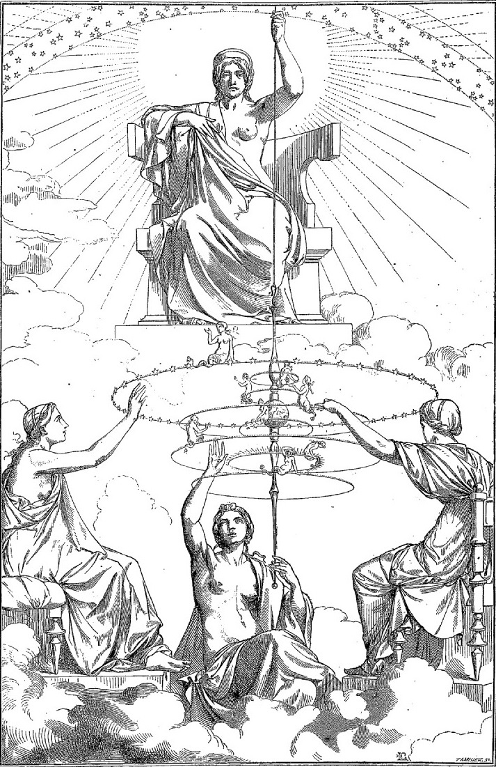 Một minh họa hiện đại về một đoạn trong “Myth of Er” (Thần Thoại về Chiến Binh Er) trong đó thần Ananke, hiện thân của Sự Tất Yếu, ở phía trên Ba chị em Moirai, các vị thần Số mệnh. Từ tạp chí Magasin Pittoresque, năm 1857, tranh của họa sĩ Edmond Lechevallier-Chevignard. (Ảnh: PD-US)
