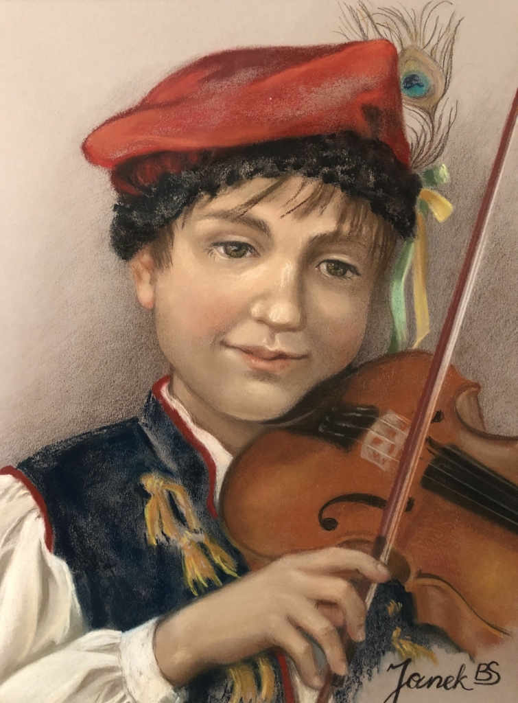 Bé trai Ba Lan trong trang phục truyền thống, tranh của họa sĩ Barbara Schafer. Tranh phấn màu. (Ảnh: Đăng dưới sự cho phép của bà Barbara Schafer)
