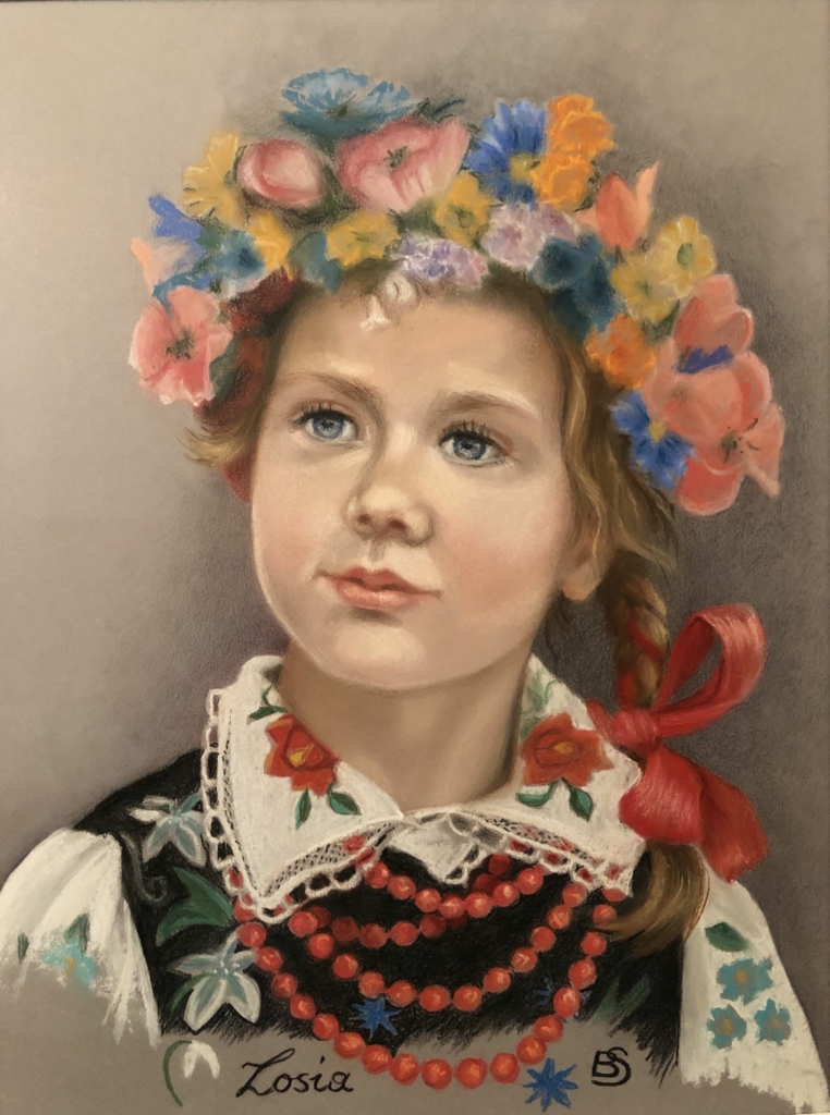 Bé gái Ba Lan trong trang phục truyền thống, tranh của họa sĩ Barbara Schafer. Tranh phấn màu. (Ảnh: Đăng dưới sự cho phép của bà Barbara Schafer)