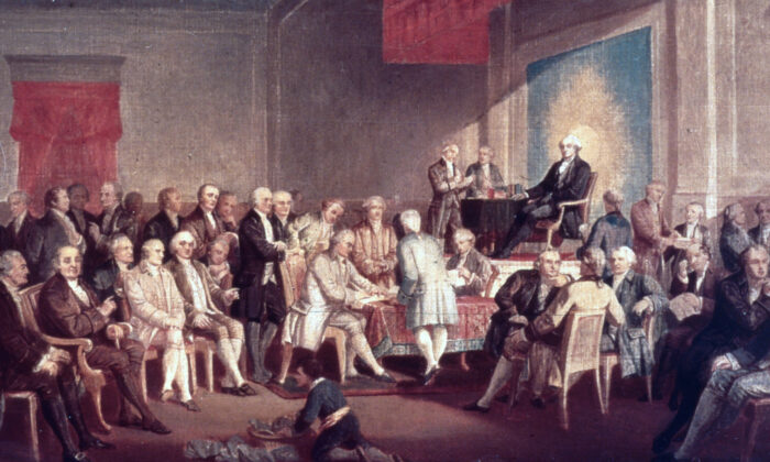 1787: Bức tranh "Ký tên vào Hiến pháp Hoa Kỳ" của Thomas Pritchard Rossiter. Được vẽ vào năm 1878, trưng bày ở Công viên Lịch sử Quốc gia Độc lập, Philadelphia, Penn. (MPI/Getty Images)
