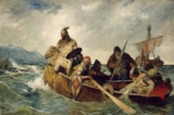 Người Viking đã được miêu tả trong nghệ thuật phương Tây hàng trăm năm. Tác phẩm “Norsemen Landing in Iceland” (Người Bắc  u đổ bộ vào Ireland) năm 1877, của họa sĩ Oscar Arnold Wergeland. (Ảnh: Tài sản công)