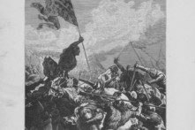 Một phần chi tiết, những mô tả được chạm khắc về Trận chiến Crécy, một trong những trận chiến quan trọng nhất của cuộc ‘Chiến Tranh Trăm Năm,’ diễn ra vào ngày 26/08/1346. (Ảnh: Archive Photos/Stringer/Getty Images)