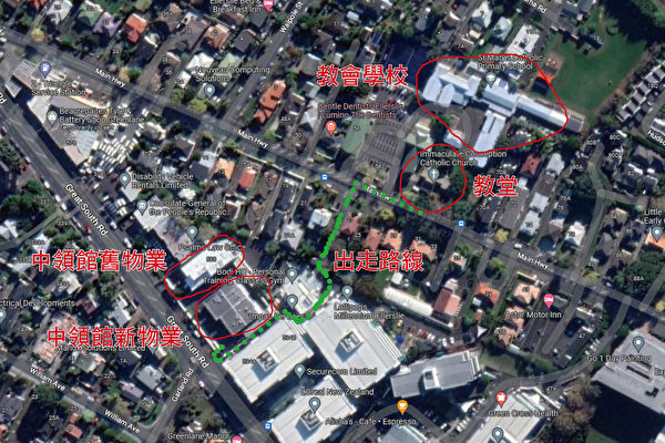 Bản đồ tuyến đường đào thoát của ông Đổng La Bân, nhân viên Lãnh sự quán Trung Quốc tại Auckland, đây cũng là tuyến đường ông thường lén đi ra từ Lãnh sự quán đến nhà thờ vào ban đêm. (Ảnh: Epoch Times Hoa ngữ)