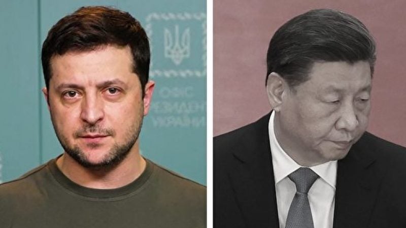 Lãnh đạo Trung Quốc Tập Cận Bình (phải) điện đàm với Tổng thống Ukraine Volodymyr Zelensky vào hôm 26/04/2023. (Ảnh: AFP/Getty Images, Ghép hình: The Epoch Times)