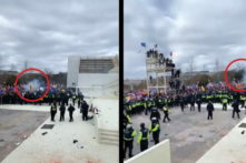 Một chiếc máy quay phim của một sĩ quan Sở Cảnh sát Thủ đô đã ghi lại được ít nhất 40 vụ ném đạn vào đám đông tại Điện Capitol Hoa Kỳ vào ngày 06/01/2021. (Ảnh: Sở Cảnh sát Thủ đô/Ảnh chụp màn hình và Đồ họa của The Epoch Times)