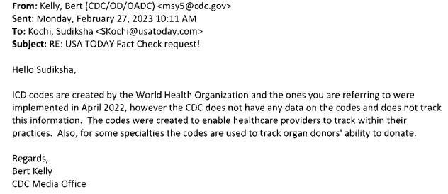 Một trong những thư điện tử từ CDC liên quan đến mã y tế mới. (Ảnh: CDC qua The Epoch Times)