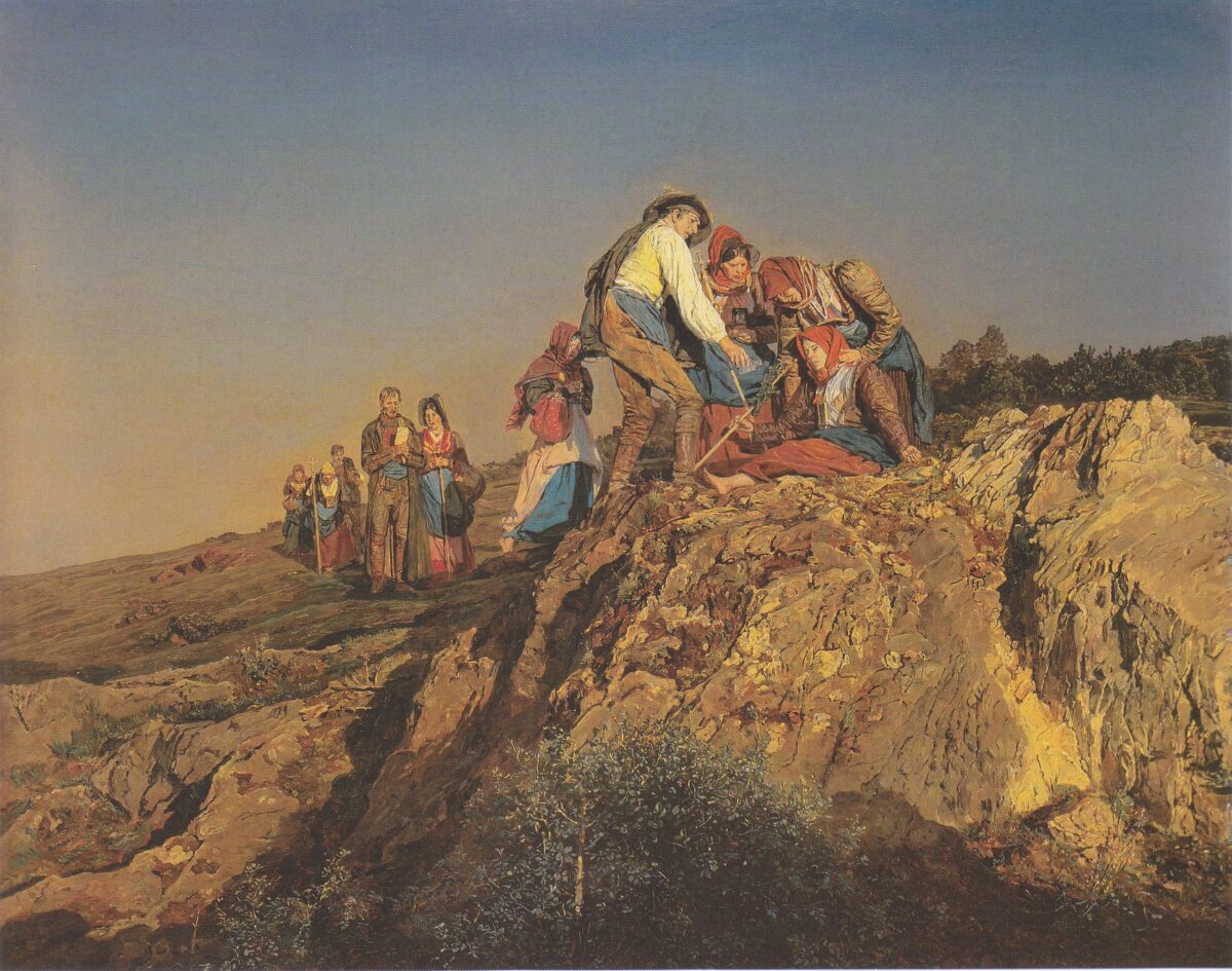 Tác phẩm “The Halted Pilgrimage” (Cuộc hành hương tạm dừng lại) của họa sĩ Ferdinand Georg Waldmüller, năm 1853. Tranh sơn dầu trên gỗ; kích thước 18 1/8 inch x 22 7/8 inch. Bảo tàng Liechtenstein, Vienna. (Ảnh: Tài sản công)