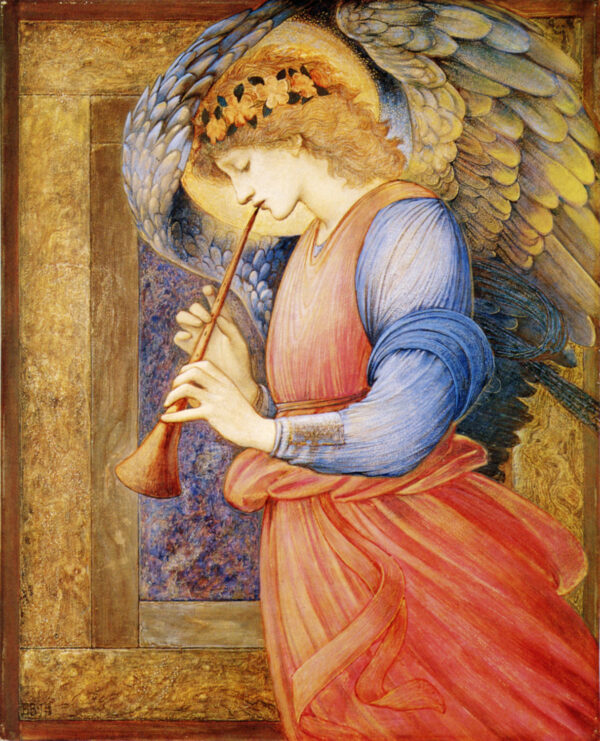 Tác phẩm “An Angel Playing the Flageolet” (“Thiên sứ thổi sáo flageolet”) của họa sĩ Edward Burne-Jones, khoảng năm 1878. Tranh vẽ trên giấy bằng màu tempera và vàng; kích thước 29 1/4 inch x 24 inch. Quà tặng của bà Emma Holt (năm 1944), Bảo tàng Sudley House. (Ảnh: Tài sản công)