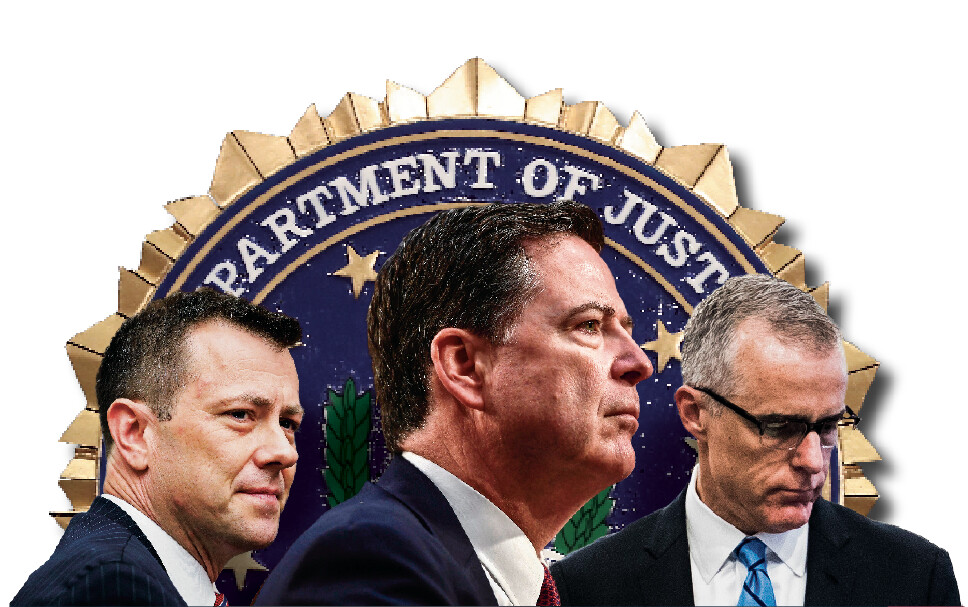 (Từ trái sang phải) Cựu đặc vụ FBI Peter Strzok; cựu Giám đốc FBI James Comey; và cựu Phó Giám đốc FBI Andrew McCabe. (Ảnh: Getty Images/Ảnh họa của The Epoch Times)