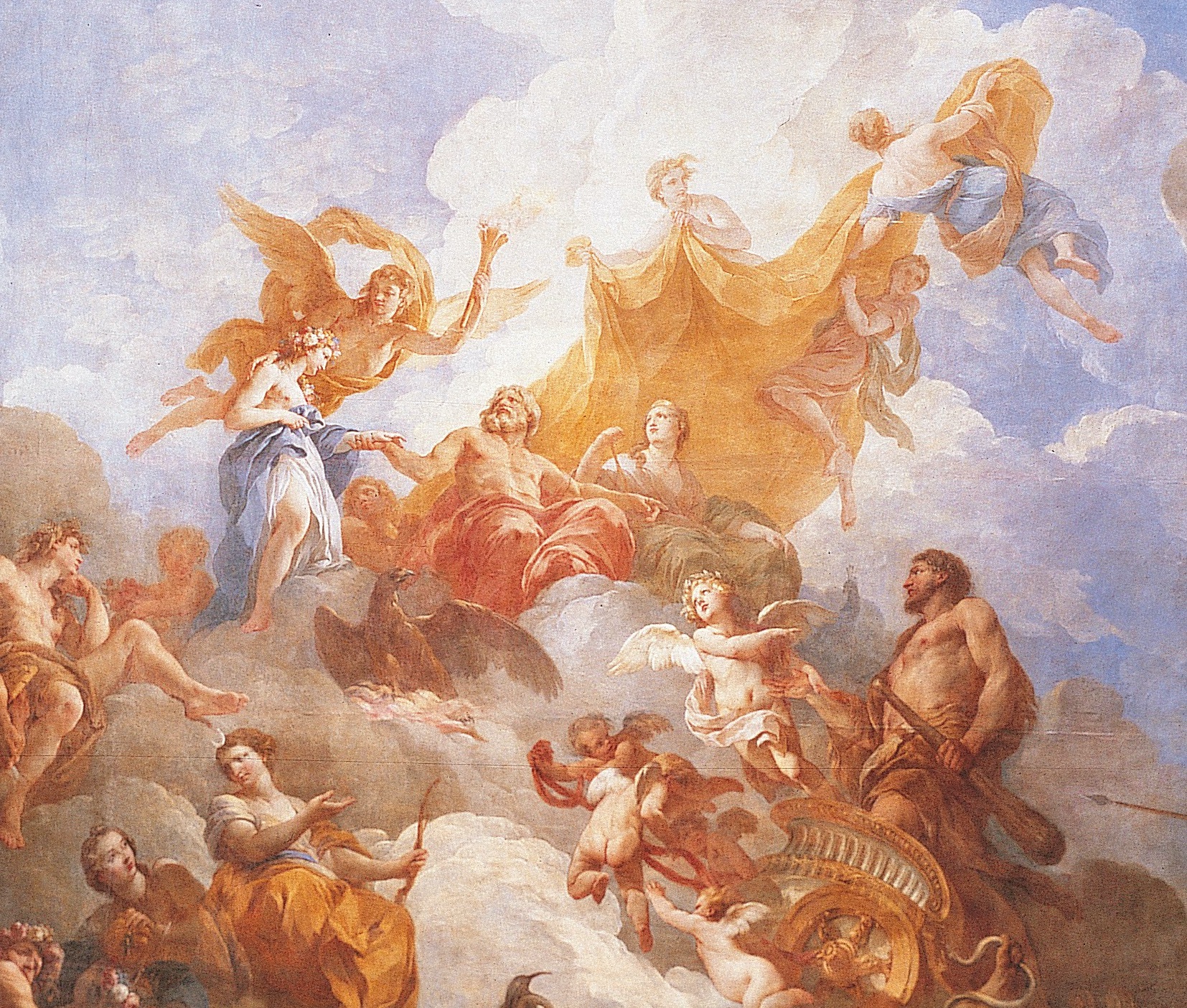 Thần Tình yêu của Đức hạnh (L’ange de l’Amour de la Vertu) dẫn đường cho Hercules đến với cha là Thần Jupiter (thần Zeus), ông đang giới thiệu Hebe, nữ thần Tuổi trẻ, được dẫn dắt bởi nữ thần Hymen. (Ảnh: Tài sản công)