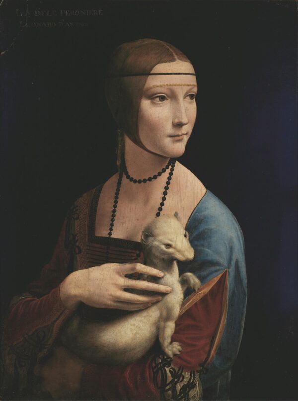 Tác phẩm “Lady With an Ermine (Portrait of Cecilia Gallerani)” (Thiếu nữ cùng một chú chồn ermine; Chân dung của nàng Cecilia Gallerani) của danh họa Leonardo da Vinci, khoảng năm 1490. Tranh sơn dầu và màu pha keo (sơn màu sử dụng keo thực vật hoặc keo động vật, nhưng không phải trứng, như một chất kết dính) trên gỗ; kích cỡ 21 inch x 15 1/2 inch. Bảo tàng Quốc gia, thành phố Krakow, Ba Lan. (Ảnh: Tài sản công)