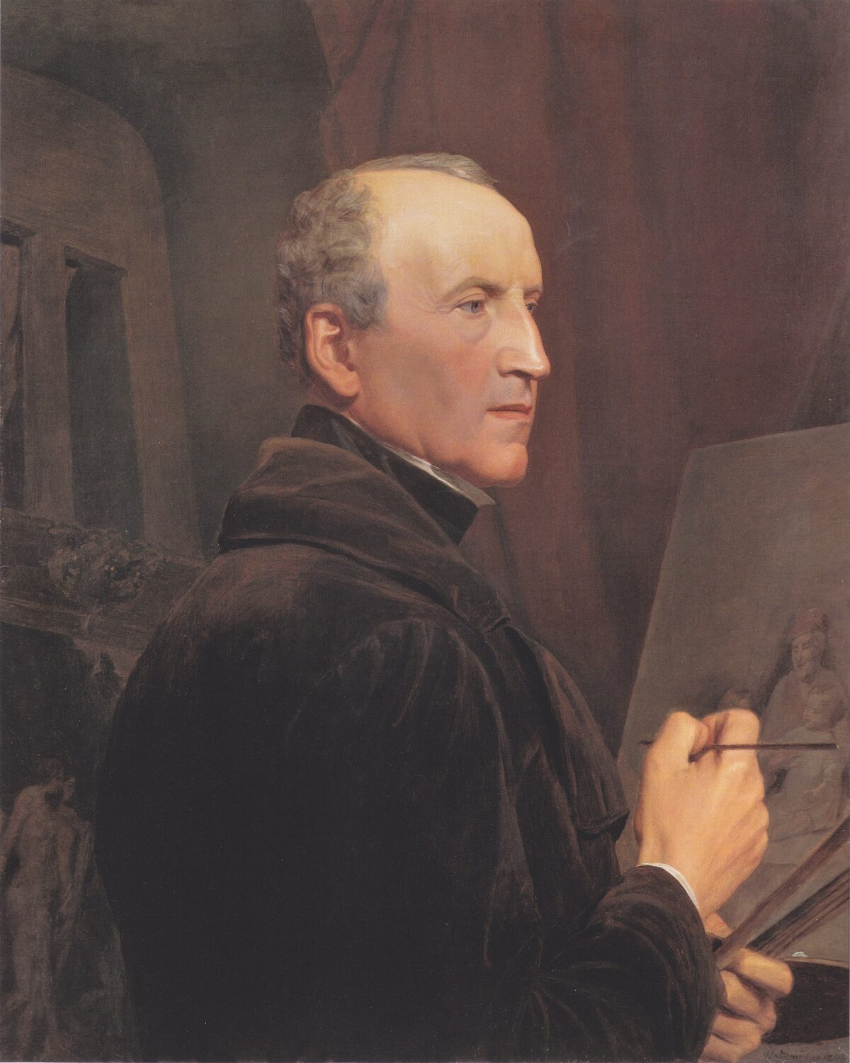 Tác phẩm “Self-Portrait at the Easel” (Chân dung tự họa tại giá vẽ) của họa sĩ Ferdinand Georg Waldmüller, năm 1848. Tranh sơn dầu trên vải canvas; kích thước 69 1/2 inch x 56 1/2 inch. (Ảnh: Tài sản công)