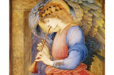 Chi tiết trong tác phẩm “An Angel Playing the Flageolet” (Thiên sứ thổi sáo flageolet) của họa sĩ Edward Burne-Jones, khoảng năm 1878. Tranh vẽ trên giấy bằng màu keo và vàng; kích thước 29 1/4 inch x 24 inch. Quà tặng của bà Emma Holt (năm 1944), Bảo tàng Sudley House. (Ảnh: Tài sản công)