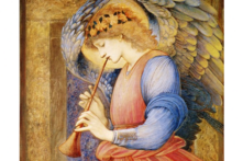 Chi tiết trong tác phẩm “An Angel Playing the Flageolet” (Thiên sứ thổi sáo flageolet) của họa sĩ Edward Burne-Jones, khoảng năm 1878. Tranh vẽ trên giấy bằng màu keo và vàng; kích thước 29 1/4 inch x 24 inch. Quà tặng của bà Emma Holt (năm 1944), Bảo tàng Sudley House. (Ảnh: Tài sản công)