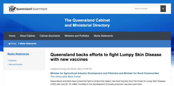 Ảnh chụp màn hình thông báo của chính phủ Queensland về việc tạo ra một loại vaccine mRNA cho gia súc, hôm 19/04/2023. (Ảnh chụp màn hình của The Epoch Times)