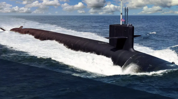Bức tranh của một họa sĩ hình dung về USS District of Columbia, một lớp chiến hạm ngầm đánh bom hỏa tiễn đạn đạo mới sẽ ra mắt vào tài khóa 2024. (Ảnh: Đồ họa của Hải quân Hoa Kỳ)