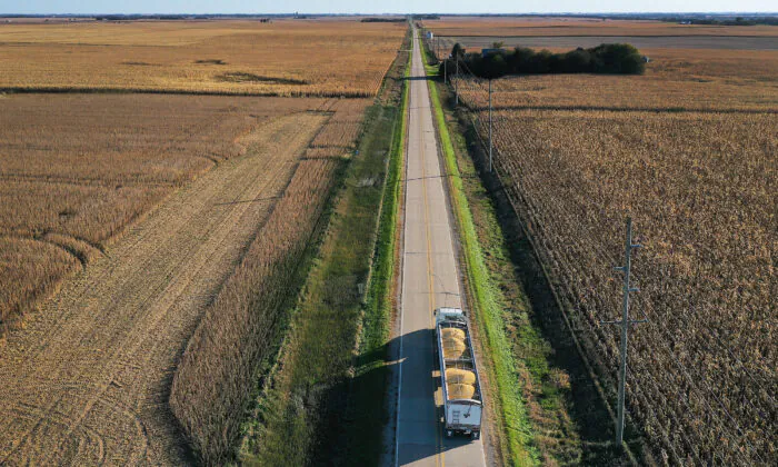 Một bức ảnh chụp từ trên không từ một thiết bị bay không người lái cho thấy một chiếc xe tải chở đậu nành được thu hoạch từ cánh đồng tại trang trại của Công ty TNHH Bardole & Son ở Rippey, Iowa, vào ngày 14/10/2019. (Ảnh: Joe Raedle/Getty Images)