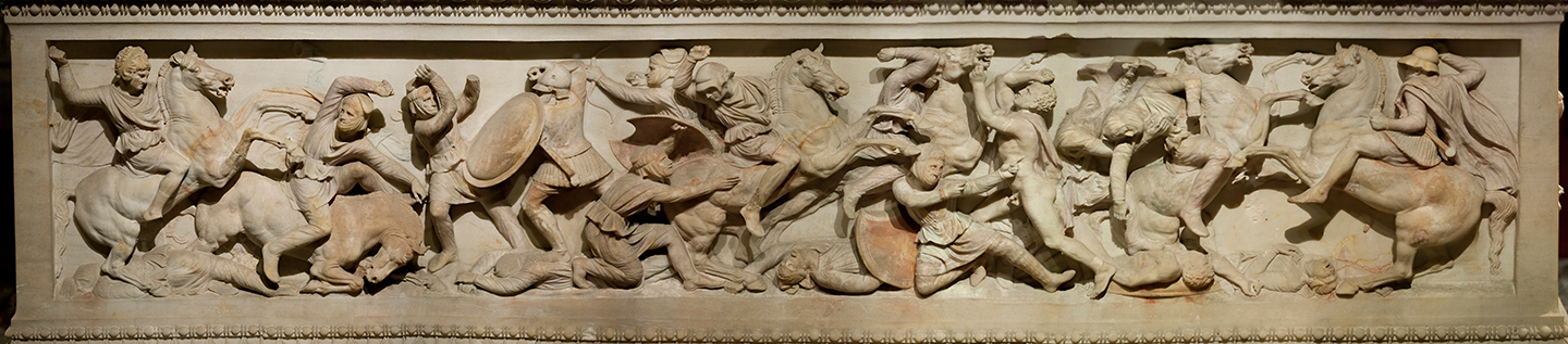Cỗ quan tài đá Alexander ở Istanbul minh họa Trận Chiến Issus (năm 333 trước Công Nguyên) đã miêu tả Alexander ở góc rìa bên trái cưỡi trên một chú kỵ mã đang lồng lên. (Ảnh: nathings/Shutterstock)