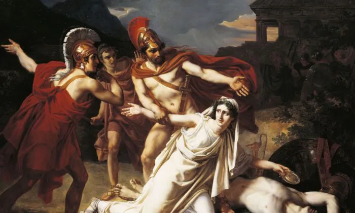 Tác phẩm “Antigone Buries Polynices” (Nàng Antigone chôn cất anh trai Polynices) của họa sĩ Sébastien Norblin, năm 1825, Paris, National School of Fine Arts. (Ảnh: US-PD)
