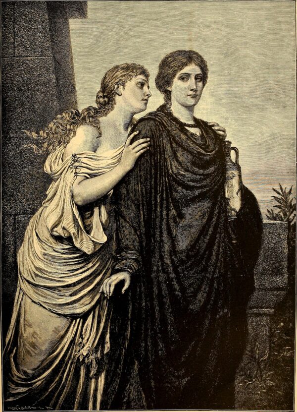 Nàng Ismene (bên trái) cố gắng thuyết phục chị gái, Antigone, từ bỏ quyết định chôn cất anh trai trái lệnh vua, nhưng nàng Antigone vẫn kiên định với niềm tin của mình. Tranh minh họa “Antigone and Ismene” (Antigone và Ismene) của họa sĩ Emil Teschendorf vẽ năm 1892, từ cuốn sách “Character Sketches of Romance, Fiction and the Drama” (Bản Phác Thảo Các Nhân Vật Trong Tiểu Thuyết và Kịch Lãng Mạn) của Ebenezer Cobham Brewer. (Ảnh: Tài sản công)