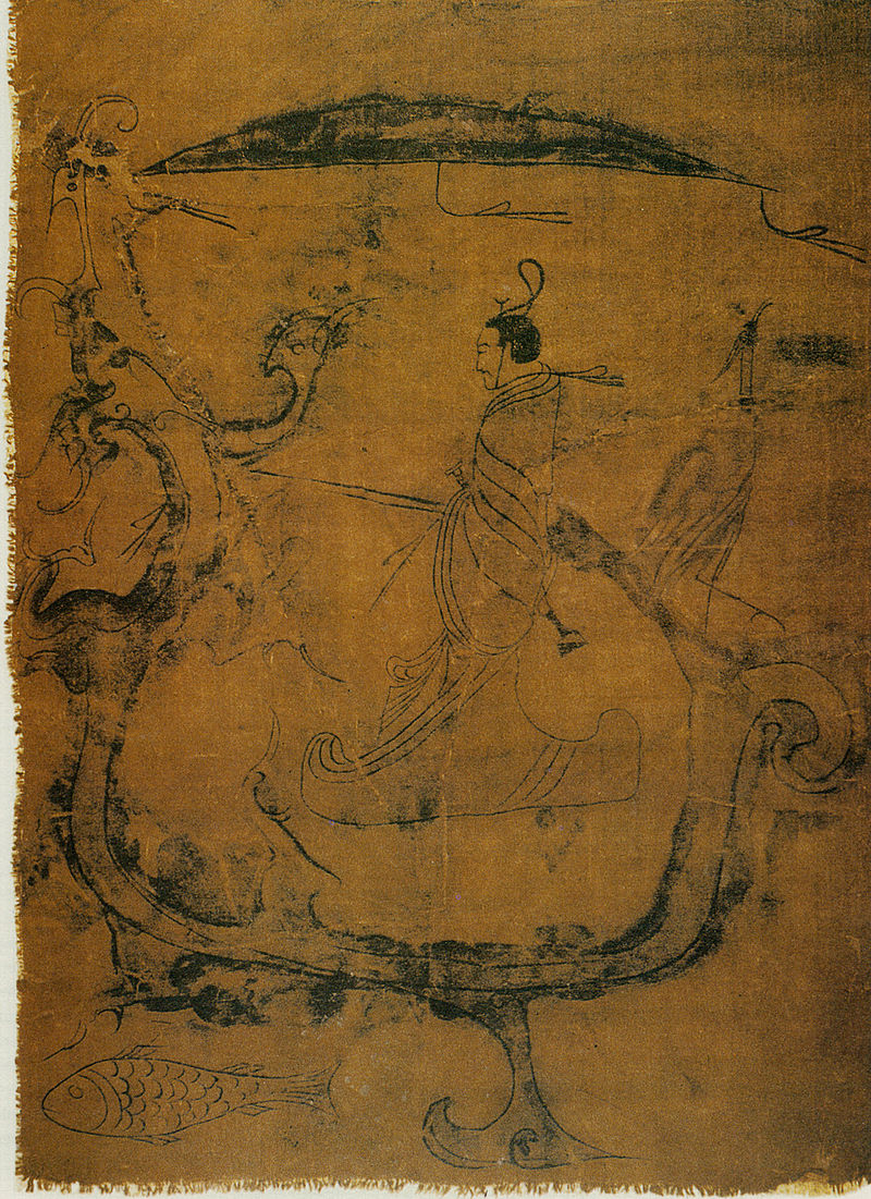 Tranh lụa “Nhân vật ngự long bạch họa,” được cho là vẽ trong thời kỳ Xuân Thu Chiến Quốc. (Ảnh: Tài sản công)