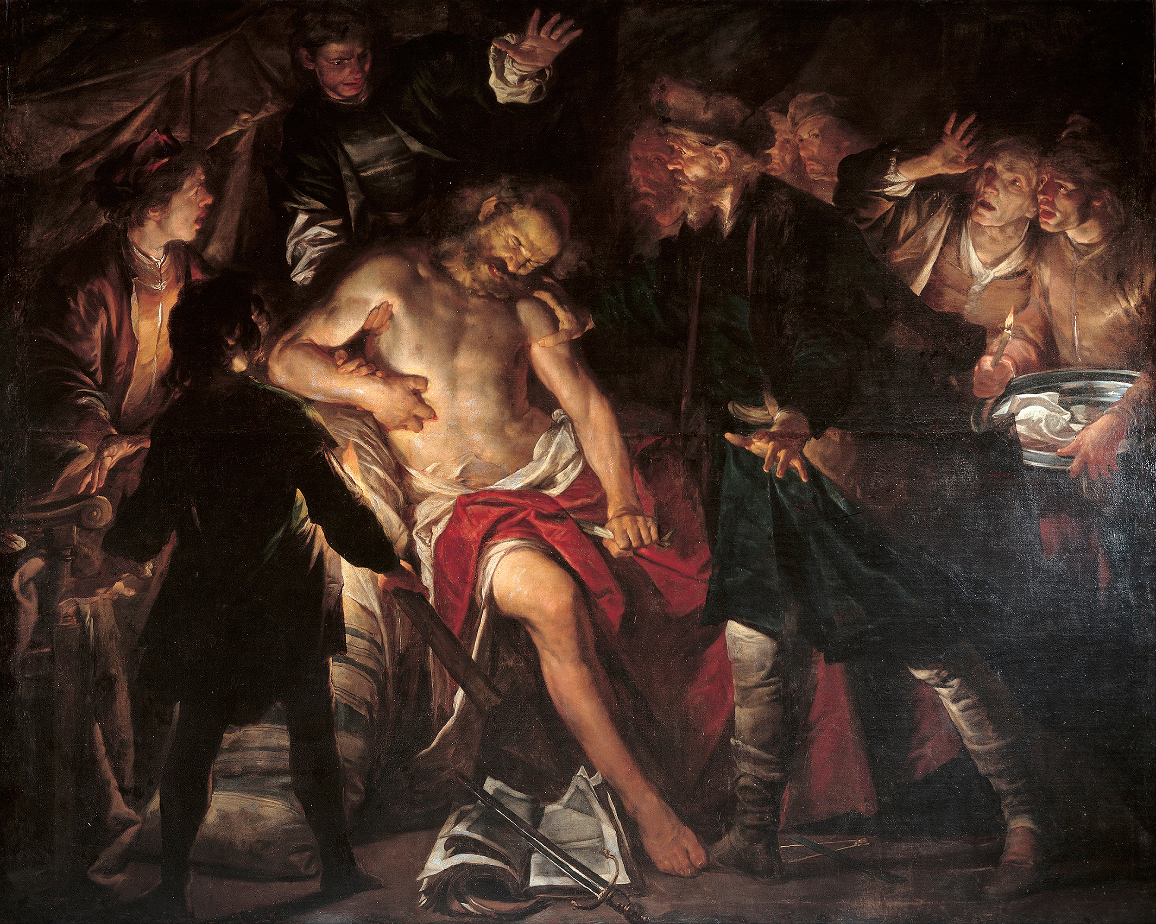 Vở kịch “Cato” thuật lại câu chuyện bi kịch của nhân vật Cato, một người ủng hộ nền cộng hòa kiêm chính trị gia La Mã, đã chết vì chống lại quân đội của Julius Caesar tại Utica ở Bắc Phi. Tác phẩm “Death of Cato” (Cái chết của Cato) của họa sĩ Gioacchino Assereto, khoảng năm 1640. Bảo tàng Strada Nuova, Genoa, nước Ý. (Ảnh: Tài sản công)
