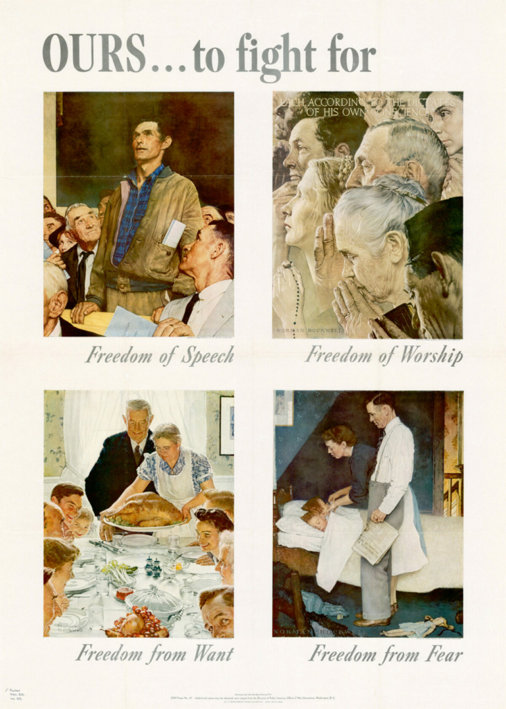 Một tấm bích chương cùng loạt tranh minh hoạ “Bốn Quyền Tự Do” của họa sĩ Norman Rockwell đăng trên tạp chí The Saturday Evening Post, năm 1943. (Ảnh: Tài liệu công cộng)