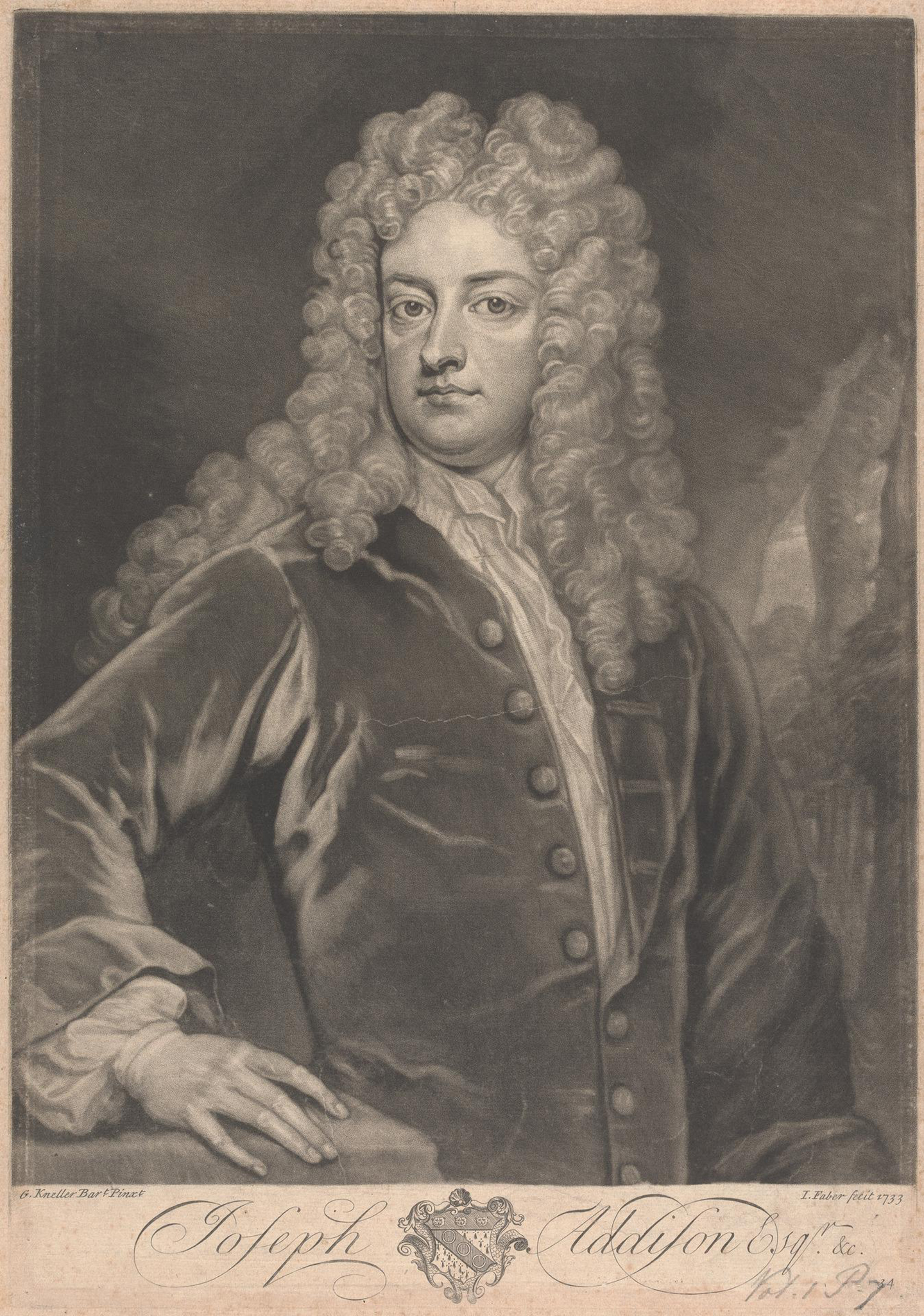 Tác phẩm “Joseph Addison Esq.” của John Faber Con và Ngài Godfrey Kneller, năm 1733. Tranh in khắc (mezzotint) trên giấy gân medium màu be, kết cấu nhẹ. Trung tâm Nghệ thuật Anh Quốc Yale, thành phố New Haven, tiểu bang Connecticut. (Ảnh: Tài sản công)