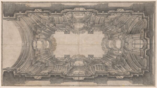 Tác phẩm “Illusionistic Architecture for the Vault of St. Ignatius” (Bản vẽ kiến trúc theo trường phái ảo giác (Illusionistic) cho mái vòm của Nhà thờ Thánh Ignatius) của họa sĩ Andrea Pozzo, năm 1685 hoặc 1690. Tranh vẽ bút mực xám và nâu cùng sơn màu xám trên hai tờ giấy gân dày ghép lại với nhau; kích thước 19 3/4 inch x 35 7/8 inch. Món quà của ông bà Robert M. và Anne T. Bass, Phòng trưng bày Nghệ thuật Quốc gia, Hoa Thịnh Đốn. (Ảnh: Tài sản công)