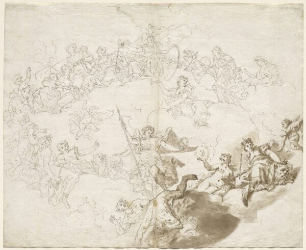 Tác phẩm “The Triumph of Virtue and Divine Wisdom” (Chiến thắng của Đức hạnh và Trí tuệ của Thần) của họa sĩ Livio Retti, năm 1736. Tranh vẽ bút và mực nâu với lớp sơn nâu trên than chì trên nền giấy gân; kích thước 17 1/2 inch x 21 1/4 inch. Bộ sưu tập của Wolfgang Ratjen, Quỹ Patrons’ Permanent, Phòng trưng bày Nghệ thuật Quốc gia, Hoa Thịnh Đốn. (Ảnh: Tài sản công)