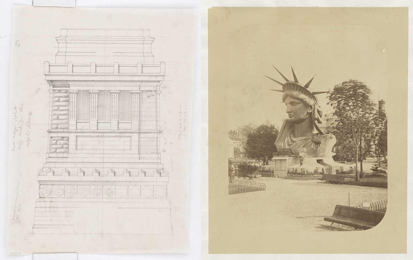 Bức ảnh bên trái là một bản vẽ kiến trúc của bệ đỡ cho Tượng Nữ thần Tự do, do kiến trúc sư Richard Morris Hunt thiết kế, năm 1882. Bản vẽ than chì trên giấy can. Thư viện Quốc hội. (Ảnh: Tài sản công) Bức ảnh bên phải cho thấy phần đầu (bên phải) của Tượng Nữ thần Tự do được trưng bày tại khu vườn Champ-de-Mars, Triển lãm Thế giới, Paris, năm 1878. Thư viện Quốc hội. (Ảnh: Tài sản công)