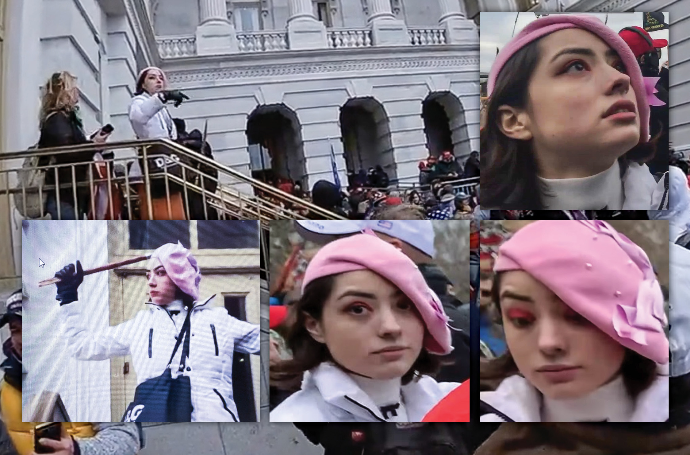 Một luật sư bào chữa cho biết, một người phụ nữ chỉ được biết đến với biệt danh “Mũ nồi hồng” đã dẫn dắt và dụ dỗ mọi người tiến vào trong Điện Capitol hôm 06/01/2021. (Video nguồn mở của Tòa án Địa hạt Liên bang/Ảnh chụp màn hình qua The Epoch Times)