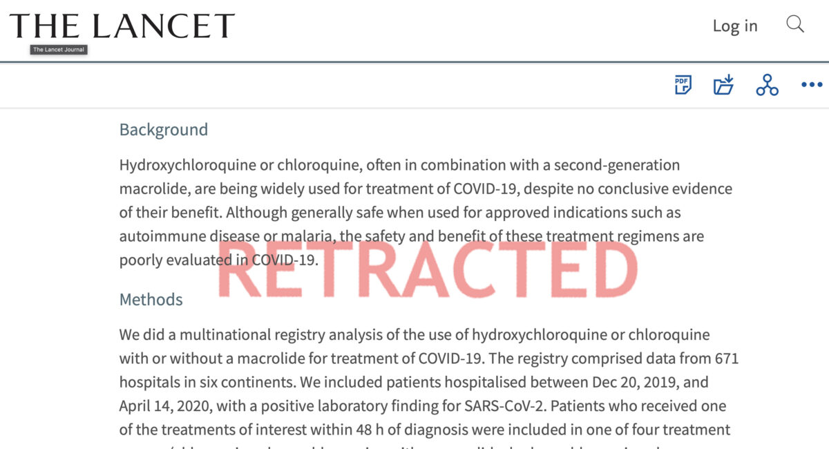 Ảnh chụp màn hình vào ngày 24/12/2020 của thelancet.com, cho thấy nghiên cứu bị thu hồi đã khiến một số quốc gia cấm sử dụng hydroxychloroquine để điều trị COVID-19. (Ảnh chụp màn hình/TheLancet.com/Epoch Times)