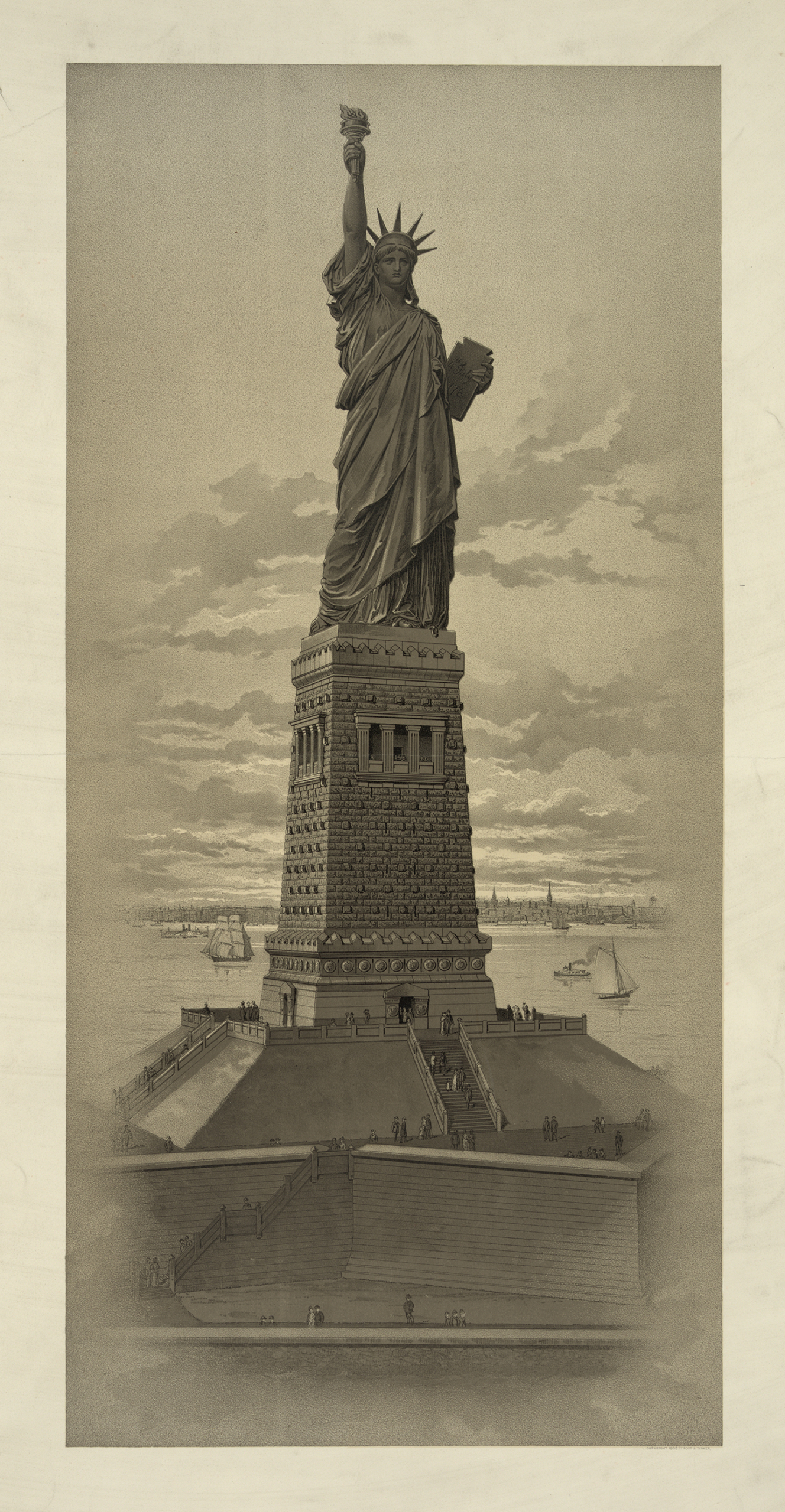 Kể từ năm 1886, bức tượng theo trường phái tân cổ điển bằng đồng cao 151 foot (46m) đã đứng trên bệ đỡ nhìn ra bến cảng của New York. Bản vẽ và thiết kế của Tượng Nữ thần Tự do, năm 1884. Thư viện Quốc hội. (Ảnh: Tài sản công)