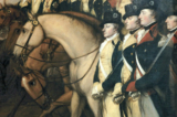 Trong ảnh là một chi tiết của bức tranh sơn dầu được họa sĩ John Trumbull mô tả sự đầu hàng của quân đội Anh. Bên cạnh con ngựa xám là Alexander Hamilton, và bên cạnh ông là John Laurens. (Ảnh: Tài sản công)