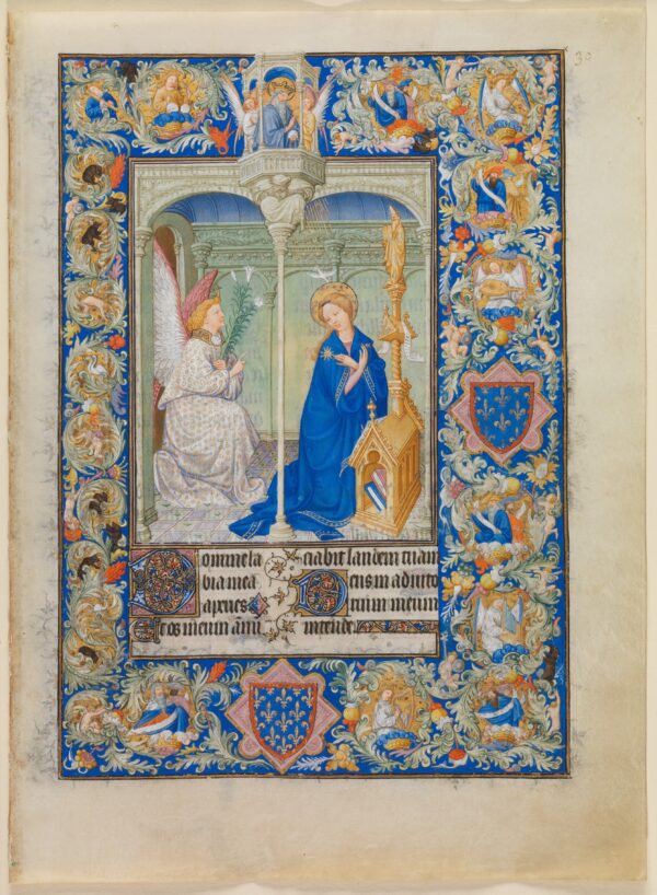 Tác phẩm “The Annunciation” (Thiên sứ truyền tin) trong “The Beautiful Hours of Jean of France, Duke of Berry,” năm 1405–1408 hoặc 1409, của anh em nhà Limbourg (Herman, Pol, và Jean de Limbourg). Màu keo, vàng và mực trên giấy vellum; kích thước: 9 3/8 inch x 6 11/16 inch. Bộ sưu tập Cloisters, năm 1954, tại Viện Bảo tàng Mỹ thuật Metropolitan, New York. (Ảnh: Tài sản công)