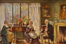 Ngài George Washington đọc sách cùng gia đình trong phòng khách. Tác phẩm “Washington at Home” (Ngài Washington ở nhà) của họa sĩ E. Percy Moran, khoảng năm 1911. Bản in quang cơ của bức tranh nguyên gốc. Thư viện Quốc hội. (Ảnh: Tài sản công)