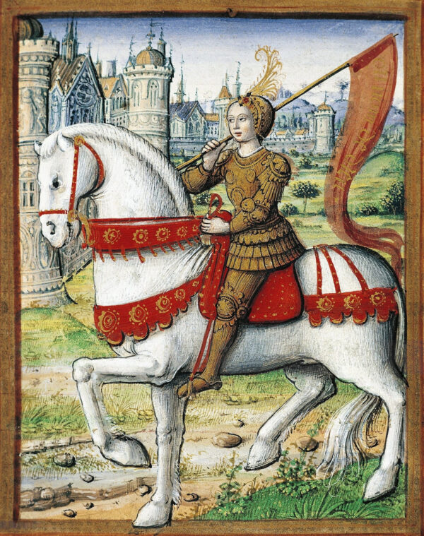 Thánh Joan xứ Arc trên lưng ngựa trong bức tranh minh họa từ một bản thảo năm 1504. (Ảnh: Tài sản công)