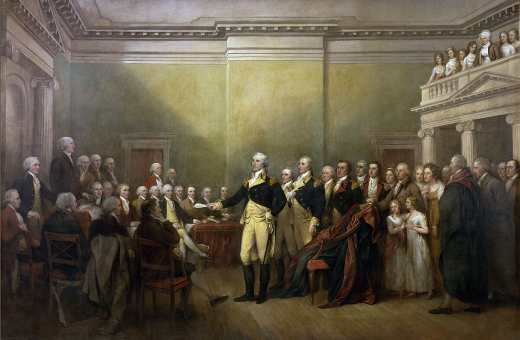 Tác phẩm “General George Washington Resigning His Commission” (Tướng George Washington từ nhiệm) năm 1817–1824, tranh của họa sĩ John Trumbull. Sơn trên vải canvas. Kích thước: 12 feet x 18 feet. Điện Capitol Hoa Kỳ, Hoa Thịnh Đốn. (Ảnh: Tài sản công)