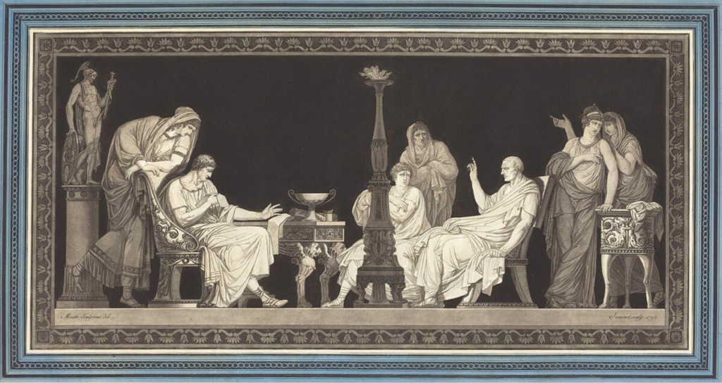 Âm mưu của Nguyên lão Catiline nhằm lật đổ chính quyền La Mã vào năm 63 trước Công nguyên đã bị triết gia Cicero ngăn chặn và phơi bày. Ngồi bên trái là Nguyên lão Catiline trong tác phẩm “The Catiline Conspiracy” (Âm mưu của Catiline), năm 1792, tranh của họa sĩ Jean-François Janinet sao chép lại tác phẩm của họa sĩ Jean-Guillaume Moitte. Bản khắc. Bảo tàng Nghệ thuật Quốc gia, Hoa Thịnh Đốn. (Ảnh: Tài sản công)