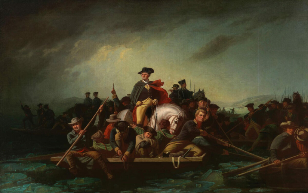 Tác phẩm “Washington Crossing the Delaware” (Washington băng qua sông Delaware) năm 1856–1871, tranh của họa sĩ George Caleb Bingham. Sơn dầu trên vải canvas. Bảo tàng Nghệ thuật Chrysler, Norfolk, Virginia. (Ảnh: Tài sản công)