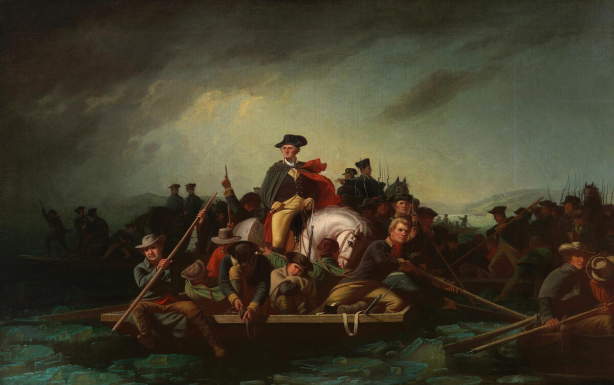 Hành động như Caesar và ý chí như Cato, ngài Washington đã đưa nước Mỹ đến gần hơn với chiến thắng và độc lập. Tác phẩm "Washington Crossing the Delaware," 1856–71, vẽ bởi George Caleb Bingham. Bảo tàng Nghệ thuật Chrysler, Virginia. (Ảnh: Tài sản công)