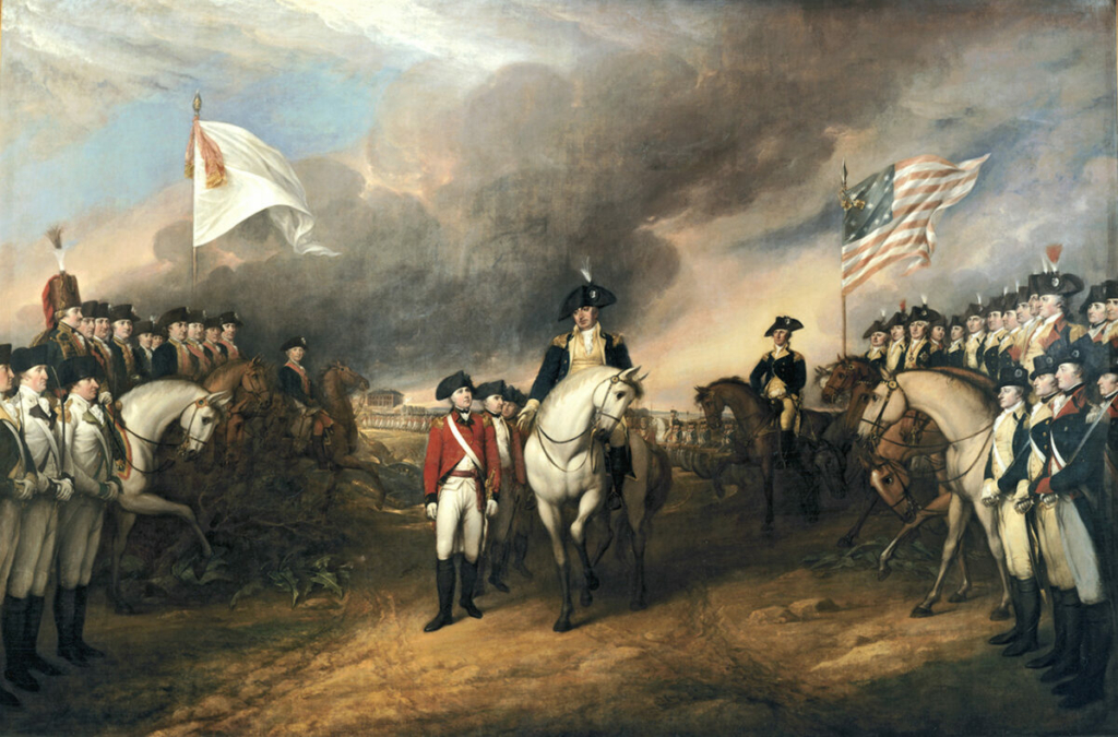 Bức tranh của họa sĩ Trumbull mô tả sự vinh quang của một người chinh phục, khi ngài Washington chấp nhận sự đầu hàng của tướng Cornwallis sau Trận Yorktown năm 1781. Tác phẩm “Surrender of Lord Cornwallis” (Sự đầu hàng của tướng Lord Cornwallis), năm 1820, tranh của họa sĩ John Trumbull. Điện Capitol Hoa Kỳ, Washington. (Ảnh: Tài sản công)