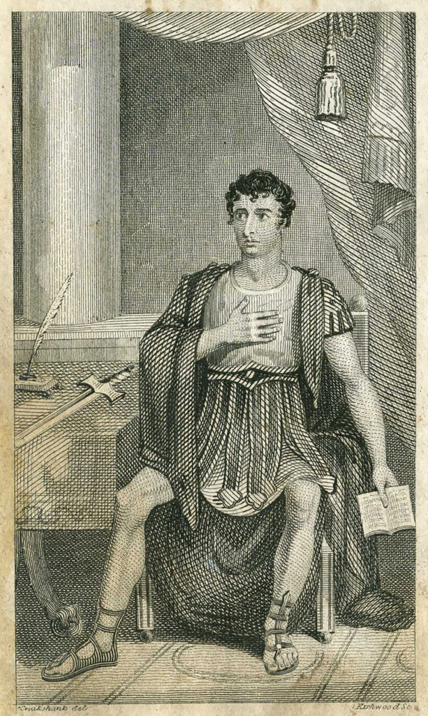 Diễn viên John Kemble trong vai Cato trong vở “Cato: một Bi kịch” (Cato: A Tragedy) của Joseph Addison. Tranh vẽ của họa sĩ George Cruikshank và được khắc bởi thợ khắc Kirkwood vào năm 1822. (Ảnh: Tài sản công)
