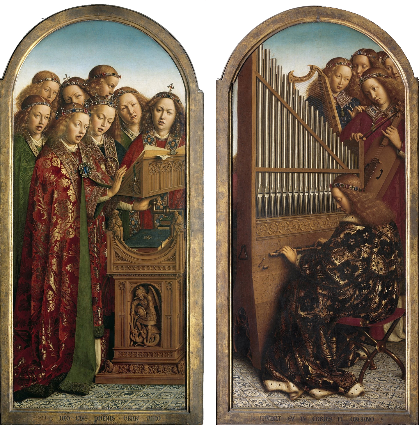 Chi tiết phần mô tả các thiên thần ở tấm ghép bên trái và bên phải trong bức đa liên họa “Ghent Altarpiece” của hai anh em họa sĩ Hubert và Jan van Eyck, năm 1432. Nhà thờ chính tòa Thánh Bavo, thành phố Ghent, Bỉ. (Ảnh: Tài sản công)