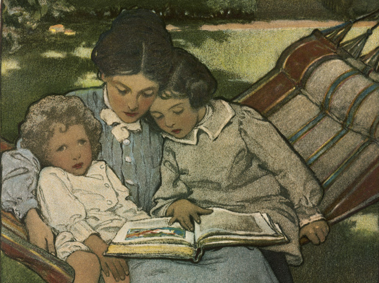 Hình ảnh một người mẹ đọc sách cho các con của mình trong tranh minh họa của họa sĩ người Mỹ Jessie Willcox Smith (1863–1935). (Ảnh: Tài sản công)