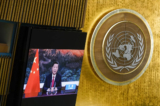 Lãnh đạo Trung Quốc Tập Cận Bình diễn thuyết từ xa tại phiên họp thứ 76 của Đại hội đồng Liên Hiệp Quốc trong một thông điệp được ghi âm trước tại trụ sở Liên Hiệp Quốc ở thành phố New York vào ngày 21/09/2021. (Ảnh: Mary Altaffer/Pool/AP Photo)