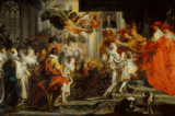 “The Coronation of Marie de’ Medici in Saint-Denis” (Lễ tấn phong của vương hậu Marie de’ Medici ở Saint-Denis) thuộc loạt tranh Marie de’ Medici Cycle, vào khoảng năm 1622–1625, được vẽ bởi danh họa Peter Paul Rubens. Sơn dầu trên vải canvas. Viện bảo tàng Louvre, Paris. (Ảnh: Tài sản công)