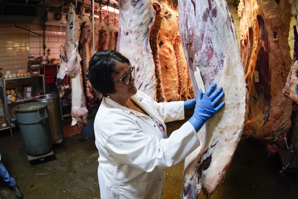Bà Stacey Richard kiểm tra các mặt của thịt bò treo trong khu vực giết mổ được làm lạnh tại cơ sở của hãng Wright’s Meat Packing ở Fombell, Pennsylvania, vào ngày 16/06/2022. (Ảnh: Keith Srakocic/AP Photo)