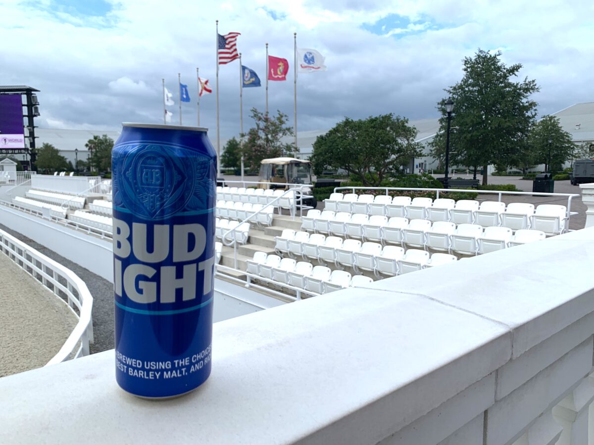 A 12-ounce can of Bud Light on a railing at the World Equestrian Center in Ocala, Fla. on May 26, 2023. (T.J. Muscaro/The Epoch Times)
